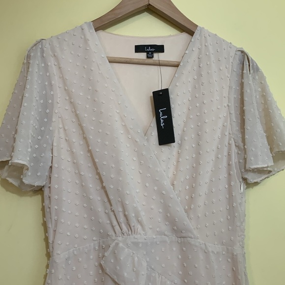 Lulus | NWT Next to You Cream Swiss Dot Ruffled Midi Asymmetrical Ruffle Dress M - Picture 4 of 7